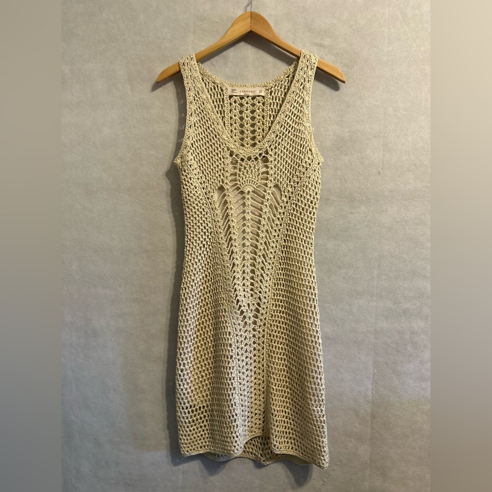 Zara knit crochet sleeveless beach resort wear mini femenine dress SZ M tan boho - Picture 7 of 10